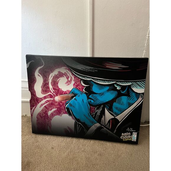 AI Generated Noir Pop Art Canvas SF Blue Man Smoking Cigar Print 18x24 - Picture 1 of 2